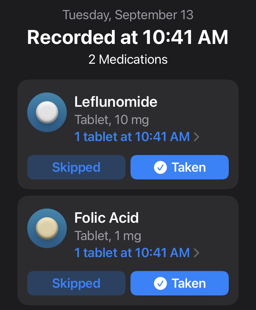 A screenshot of the new Medication tracker in the Apple Health app on iOS 16. On Tuesday, September 13, recorded at 10:41 AM, 2 medications have been marked as taken.